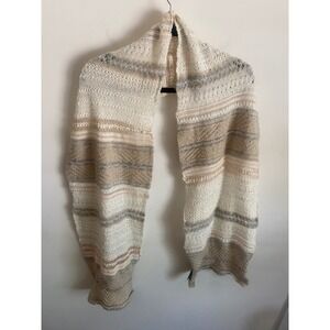 Lauren Ralph Lauren Wool Mohair Blend Sequin Striped Knit Scarf Cream Beige Grey